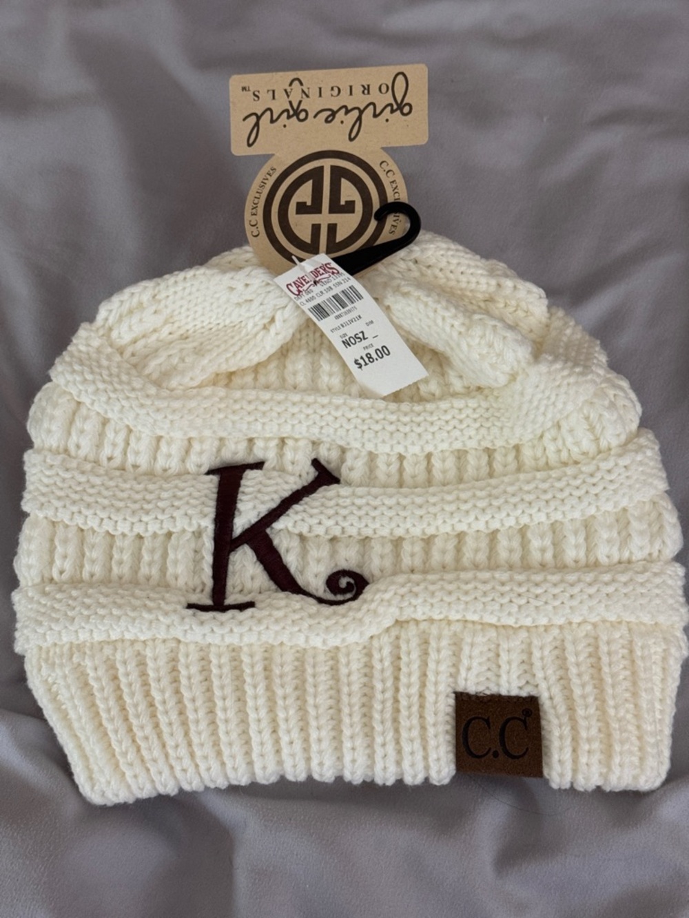 C.C Cream Knit Beanie with Maroon Monogram K